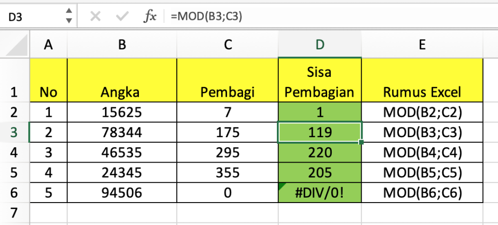 Mencari sisa pembagian dengan fungsi MOD Excel