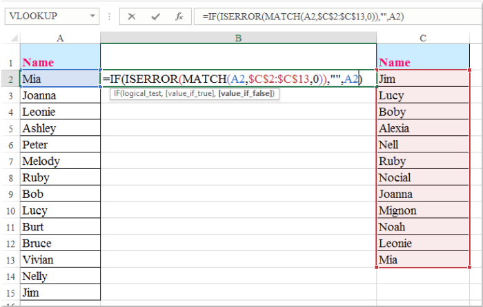 Rumus Excel mencari data sama di dua kolom berbeda dan menandai duplikat