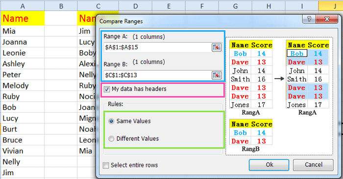 Rumus Excel mencari data sama di dua kolom berbeda dan menandai duplikat