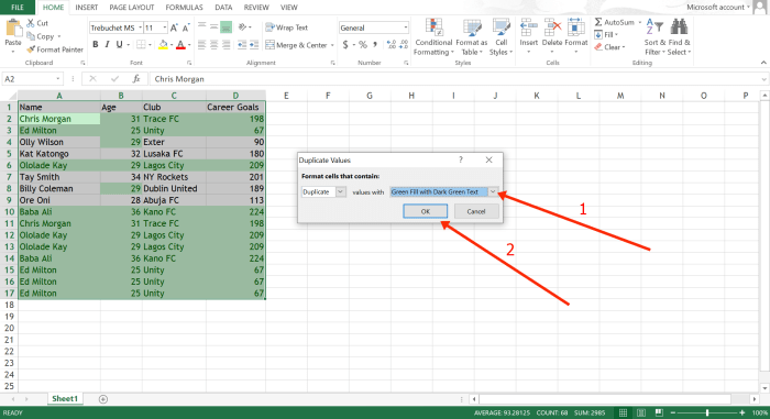 Excel remove duplicates duplicate values list click cells select ribbon highlight formatting conditional rules drop then down